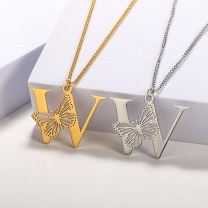 Butterfly pendant necklace with 18k gold plating and hollowed-out letter design