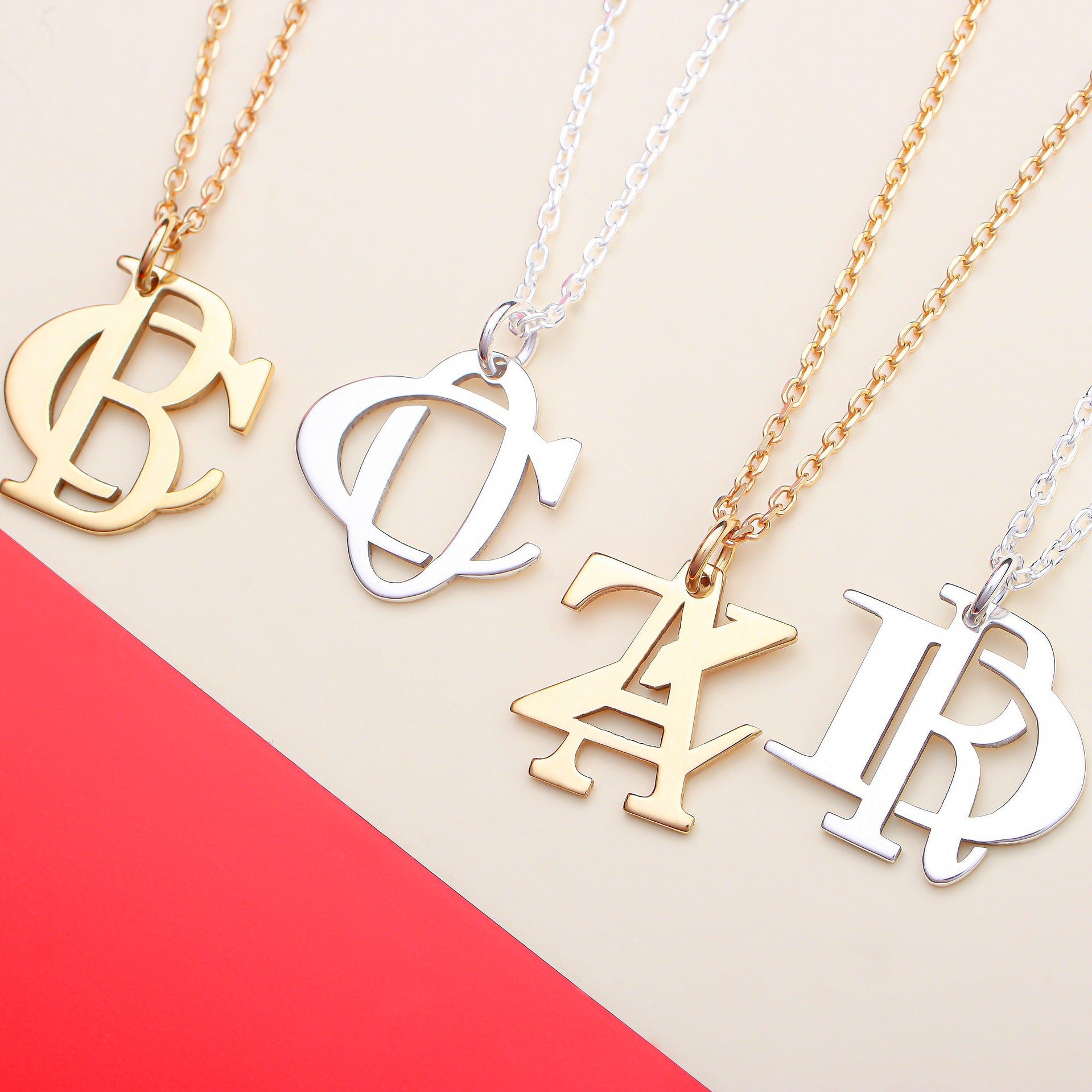 Custom initials and name pendant in silver finish.