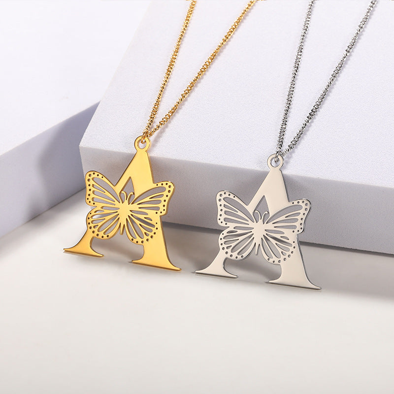 18k gold-plated stainless steel butterfly necklace with alphabet charm