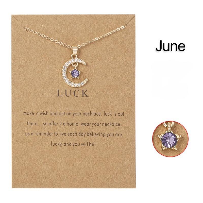 June crescent moon necklace with elegant birthstone.
