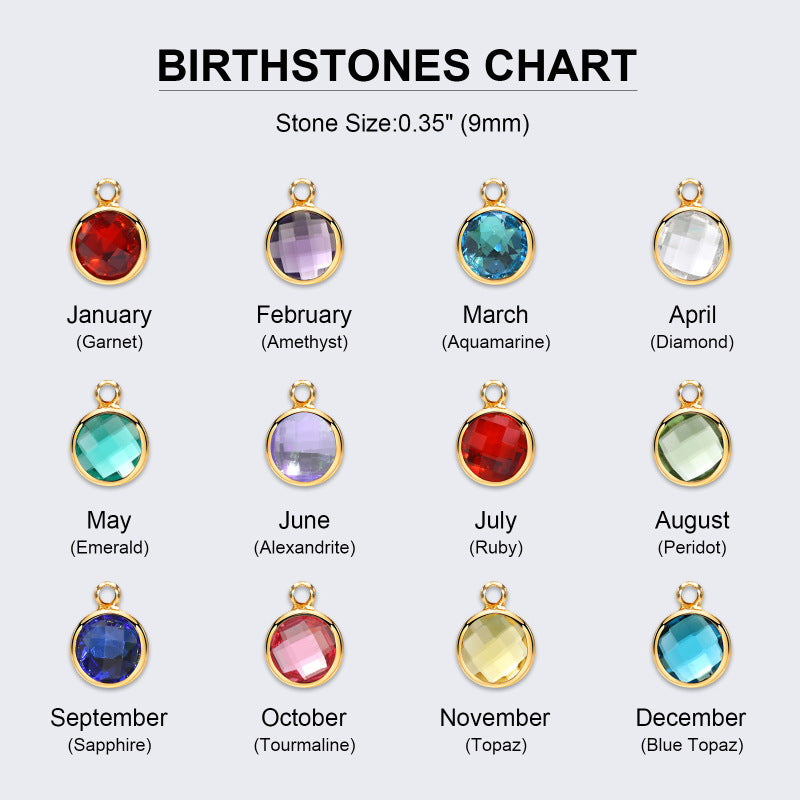 Birthstone jewelry with gold nameplate and gemstone charm