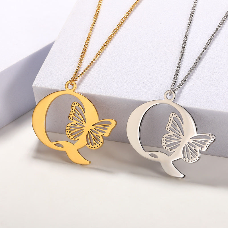 18k gold-plated butterfly letter pendant necklace with hollowed-out design