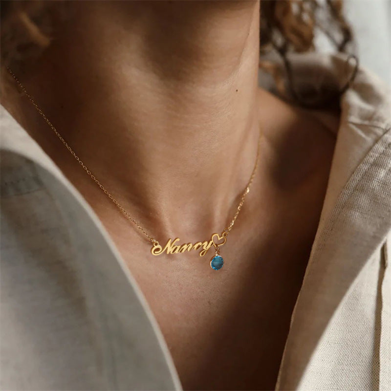 Luxury name necklace with birthstone in gold finish