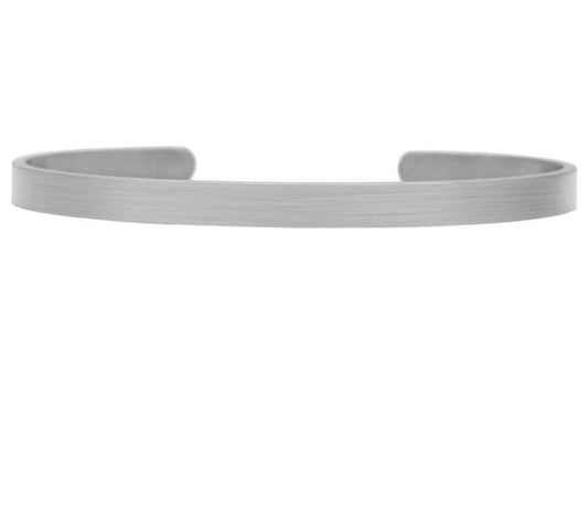 Stainless steel open C-shaped bracelet with brushed face for custom letter engraving."