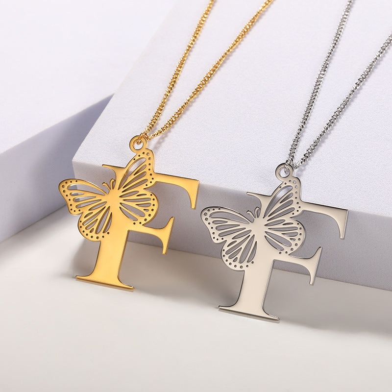 Elegant gold-plated butterfly letter pendant necklace for women