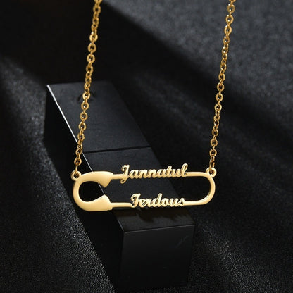 "Personalized gold safety pin necklace