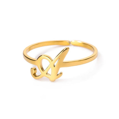 Modern simple letter ring with open stainless steel design, suitable for daily wear.