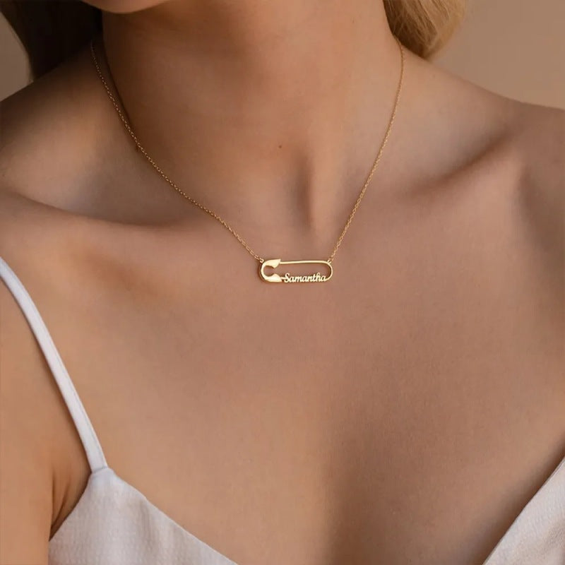 Gold safety pin necklace for personalized gifting