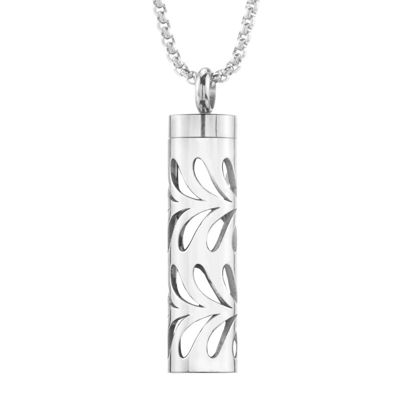 "High-quality stainless steel aromatherapy pendant with hollow design for essential oil diffusion."
